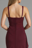 Dark Red Spaghetti Straps Sheath Satin Evening Dress with Slit