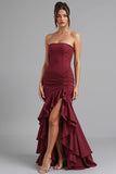 Dark Red Strapless Chiffon Mermaid High-Low Evening Dress