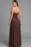 Coffee Strapless A Line Cotton Ruched Evening Dress with Slit