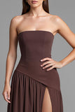 Coffee Strapless A Line Cotton Ruched Evening Dress with Slit