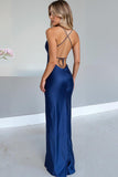 Spaghetti Straps Sheath Royal Blue Satin Evening Dress with Slit