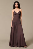 Coffee Chiffon A Line Spaghetti Straps Long Evening Dress