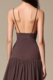 Coffee Chiffon A Line Spaghetti Straps Long Evening Dress