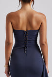 Simple Strapless Sheath Dark Blue Evening Dress with Slit
