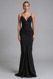 Spaghetti Straps Black Strecth Satin Mermaid Ruched Evening Dress