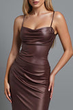 Coffee Satin Ruched Mermaid Spaghetti Straps Long Evening Dress
