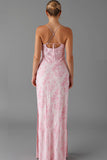 Light Pink Spaghetti Straps Sheath Printed Evening Dress With Slit