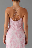 Light Pink Spaghetti Straps Sheath Printed Evening Dress With Slit