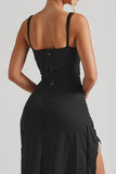 Black Sheath Spaghetti Straps Evening Dress With Slit