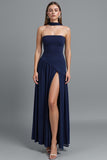 Dark Blue Strapless Sheath Evening Dress With Slit