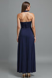 Dark Blue Strapless Sheath Evening Dress With Slit
