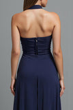 Dark Blue Strapless Sheath Evening Dress With Slit