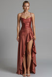 Cabernet Sheath High Low Spaghetti Straps Evening Dress with Ruffles