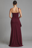 One Shoulder Sheath Burgundy Evening Dress With Slit