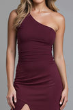 One Shoulder Sheath Burgundy Evening Dress With Slit