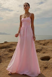 Pink A-Line Spaghetti Straps Maxi Evening Dress