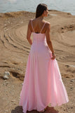 Pink A-Line Spaghetti Straps Maxi Evening Dress