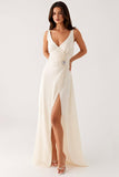 Sheath V-Neck Ivory Evening Dress With Slit