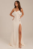 Ivory Sheath Ruched Spaghetti Straps Evening Dress with Slit