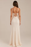 Ivory Sheath Ruched Spaghetti Straps Evening Dress with Slit