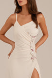 Ivory Sheath Ruched Spaghetti Straps Evening Dress with Slit