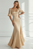 Champagne Mermaid Satin Long Formal Dress with Short Sleeves