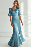 Champagne Mermaid Satin Long Formal Dress with Short Sleeves