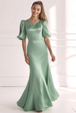 Champagne Mermaid Satin Long Formal Dress with Short Sleeves