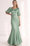 Champagne Mermaid Satin Long Formal Dress with Short Sleeves