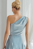 Blue Satin One Shoulder Ruched Long Bridesmaid Dress