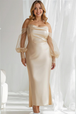 Champagne Satin Off The Shoulder Sheath Long Bridesmaid Dress with Sleeves