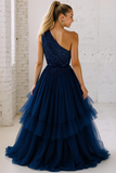 Sparkly Navy One Shoulder Sequins A Line Long Wedding Guest Dress with Ruffles