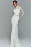Elegant White Chiffon High Neck Mermaid Long Sleeve Wedding Dress