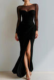 Black Velvet Mermaid Boat Neck Long Choir Dress with Slit