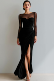 Black Velvet Mermaid Boat Neck Long Choir Dress with Slit