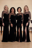 Black Velvet Mermaid Boat Neck Long Choir Dress with Slit