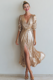 Sparkly Champagne Sheath Sequins V-Neck Long Choir Dress with Slit