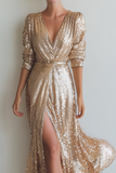 Sparkly Champagne Sheath Sequins V-Neck Long Choir Dress with Slit
