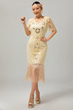 Apricot Fringed Sequin 1920s Flapper Dress with Short Sleeves
