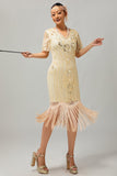 Apricot Fringed Sequin 1920s Flapper Dress with Short Sleeves