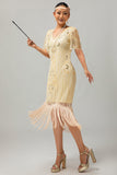 Apricot Fringed Sequin 1920s Flapper Dress with Short Sleeves