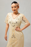 Apricot Fringed Sequin 1920s Flapper Dress with Short Sleeves