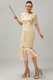 Apricot Fringed Sequin 1920s Flapper Dress with Short Sleeves