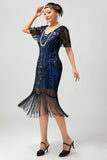 Black Blue Sequin Fringe Scoop Neck 1920s Dress with 5-Piece Accessories Set