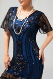 Black Blue Sequin Fringe Scoop Neck 1920s Dress with 5-Piece Accessories Set