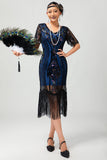 Black Blue Sequin Fringe Scoop Neck 1920s Dress with 5-Piece Accessories Set