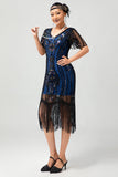 Black Blue Sequin Fringe Scoop Neck 1920s Dress with 5-Piece Accessories Set