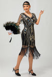 Sparkly Flapper Black Golden Sequin Bodycon Fringed 1920s Dress