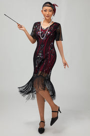 Flapper Burgundy Sequin Bodycon Fringed 1920s Dress