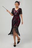 Flapper Burgundy Sequin Bodycon Fringed 1920s Dress